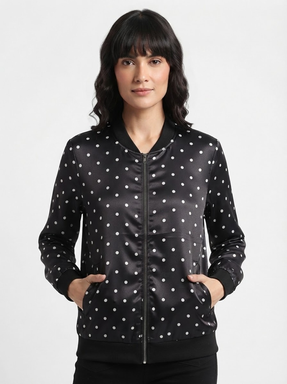 LE TIGRE Polka Dot Satin Bomber Jacket XL 23” p2p Black/White NWOT